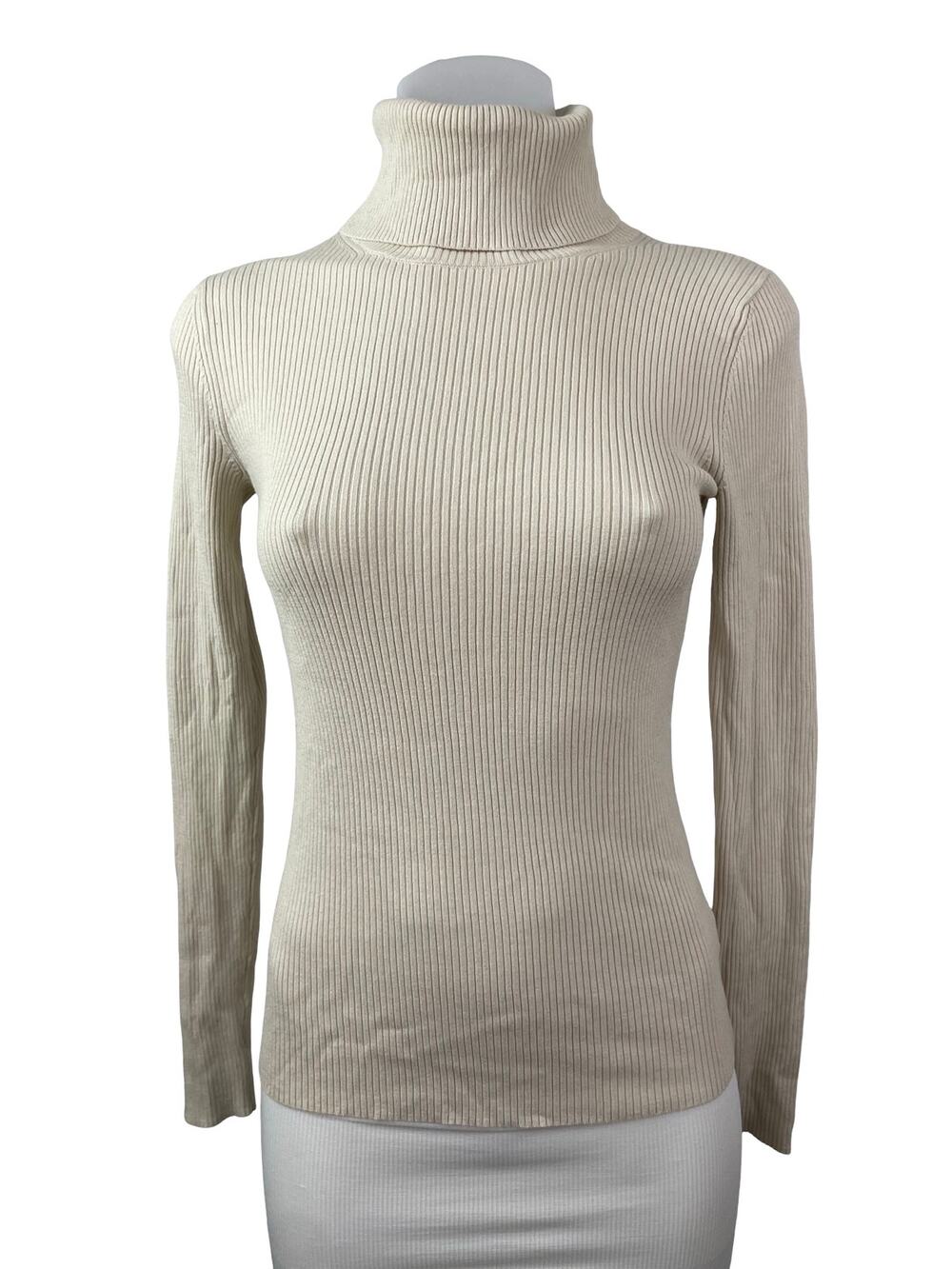 Aritzia Babaton Beige Ribbed Knit Turtleneck Long Sleeve Sweater Top Size XS